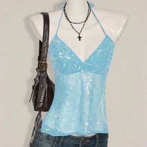 Blue Y2K Sequin Halter Top